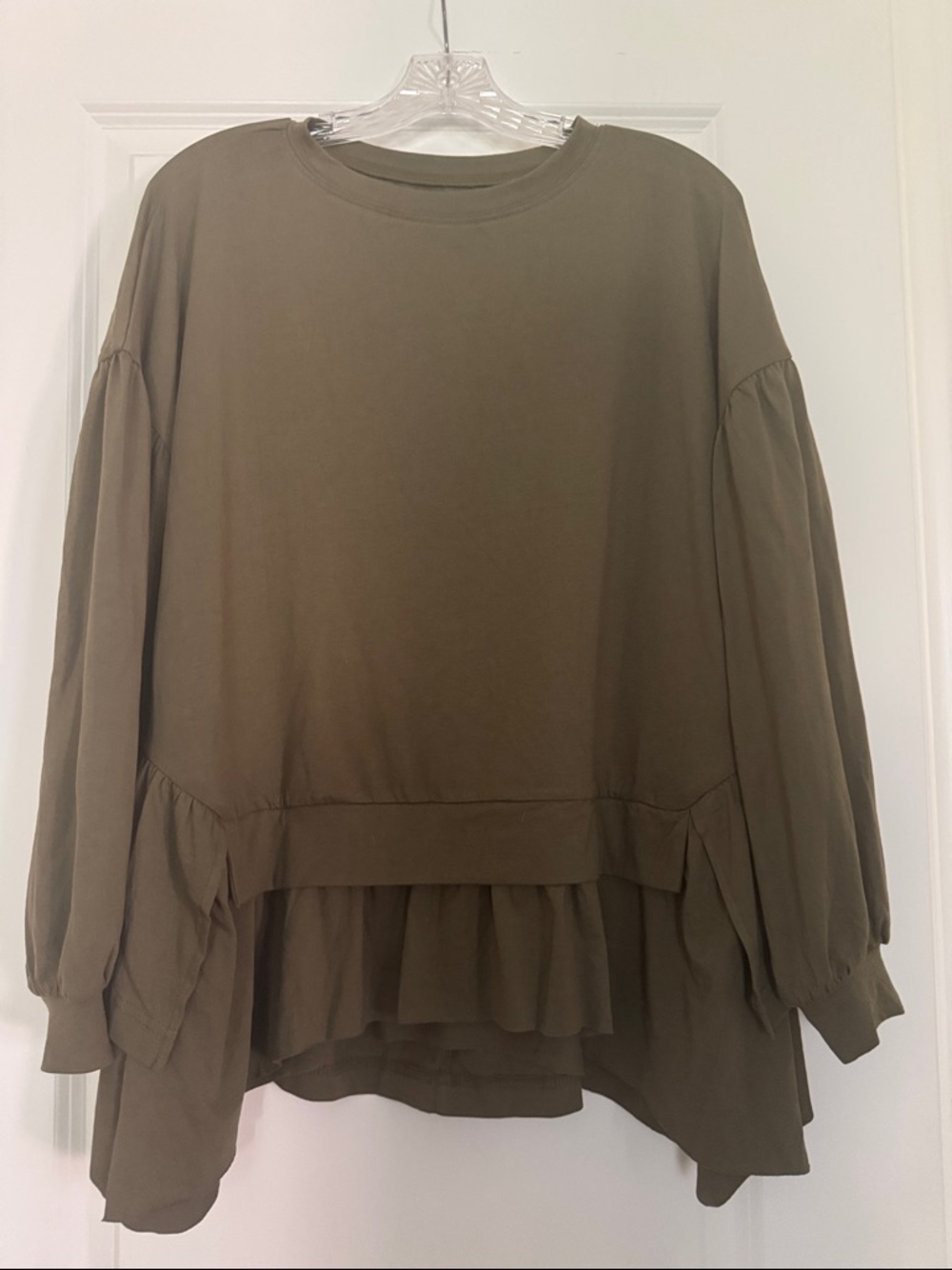 Olive Ruffle-Hem Pullover Sweatshirt